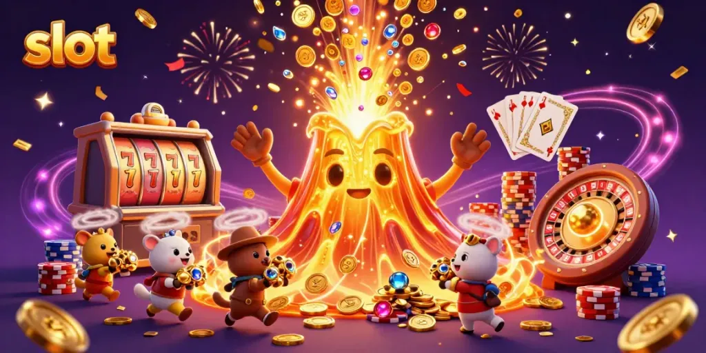 Permainan slot menunggu dengan tumpukan koin emas dan simbol keberuntungan.