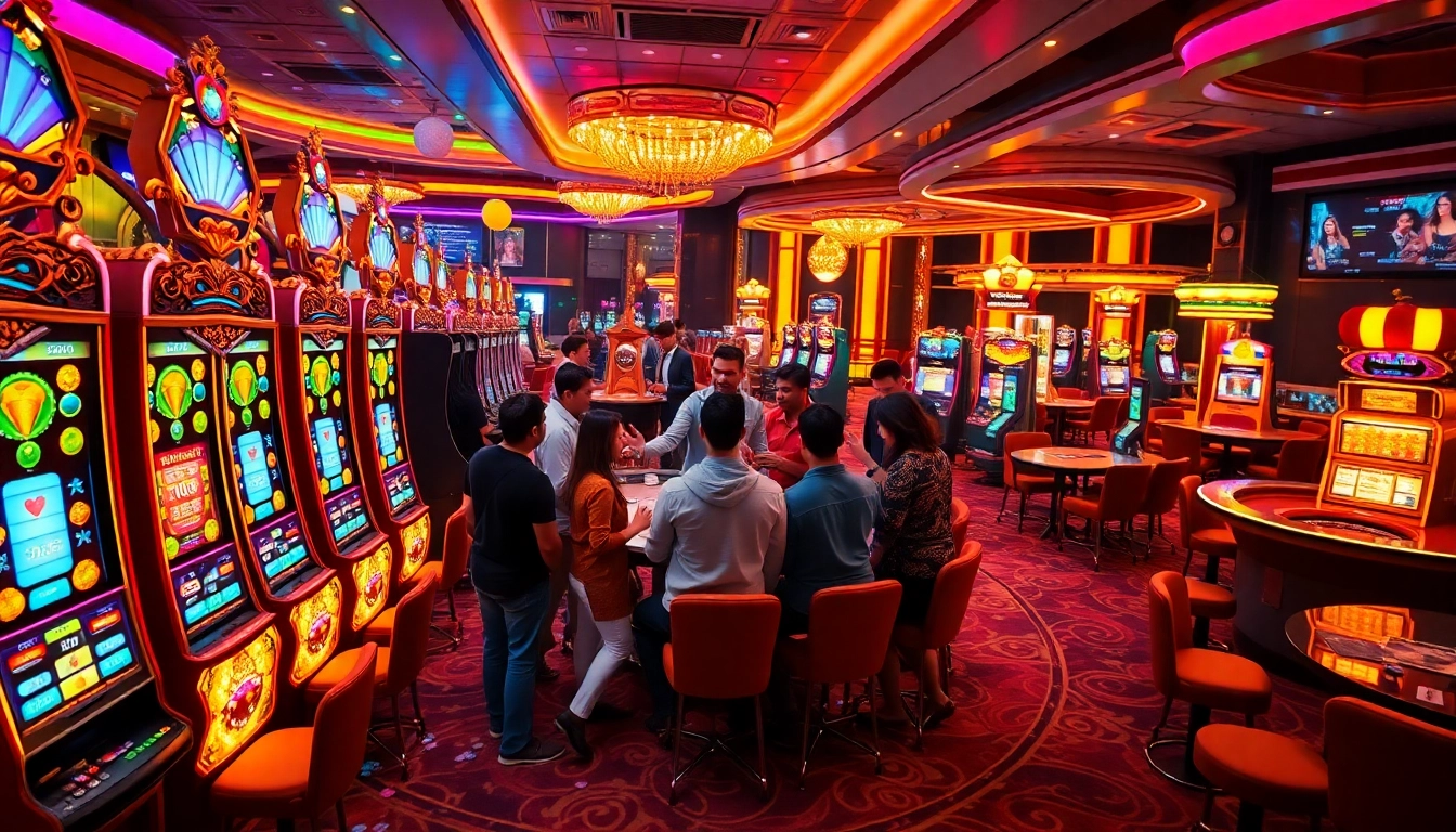 Experience thrilling gaming with berlian888 featuring vibrant slot machines and excited players celebrating wins.