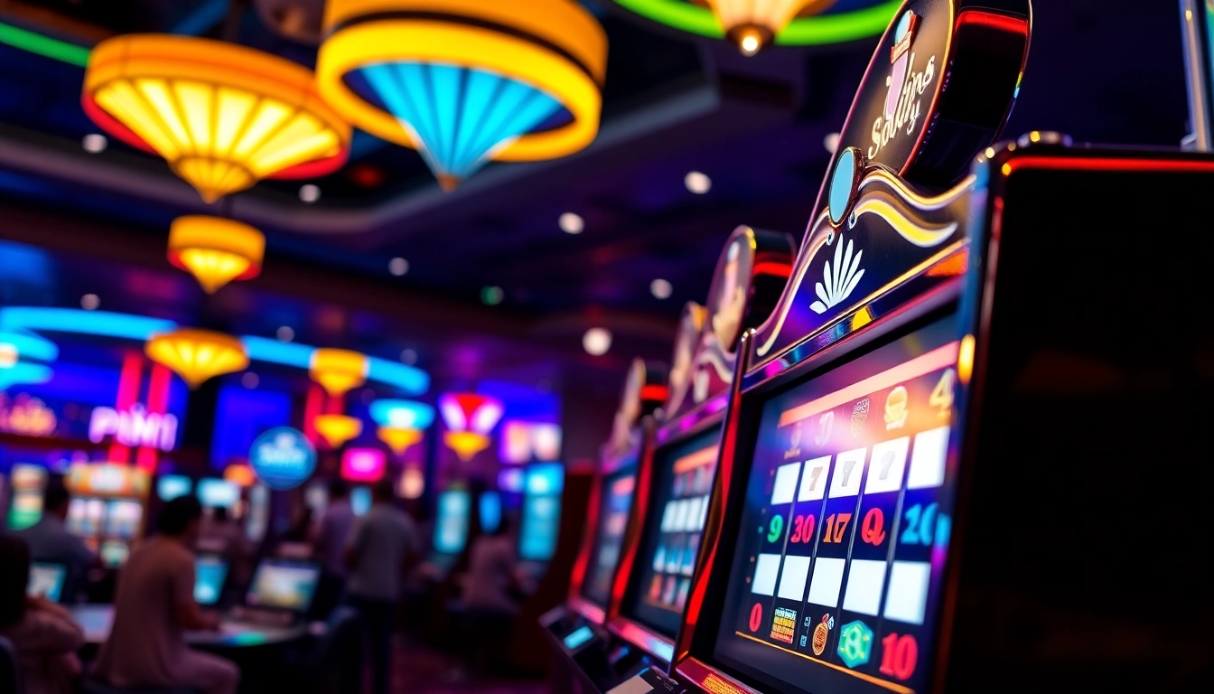 Menangkan jackpot pada slot yang bersinar di kasino dengan lampu berkilau.
