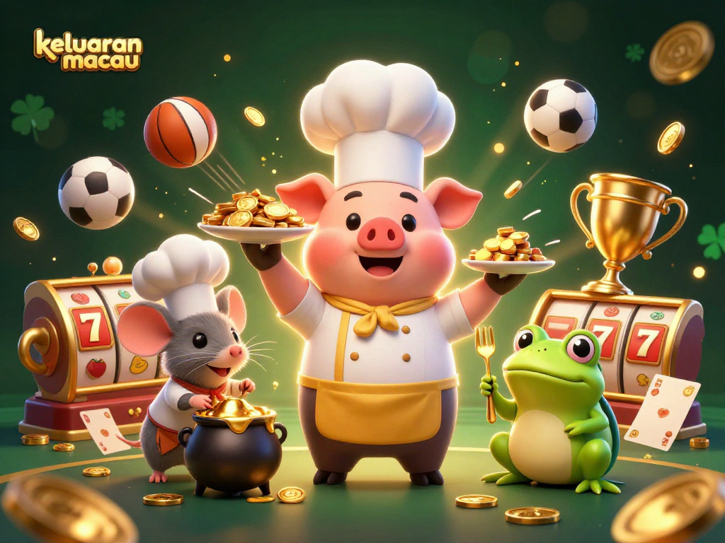 Keluaran macau menghadirkan ilustrasi kasino 3D dengan karakter pigula chef, mouse sous-chef, dan frog kritikus makanan.