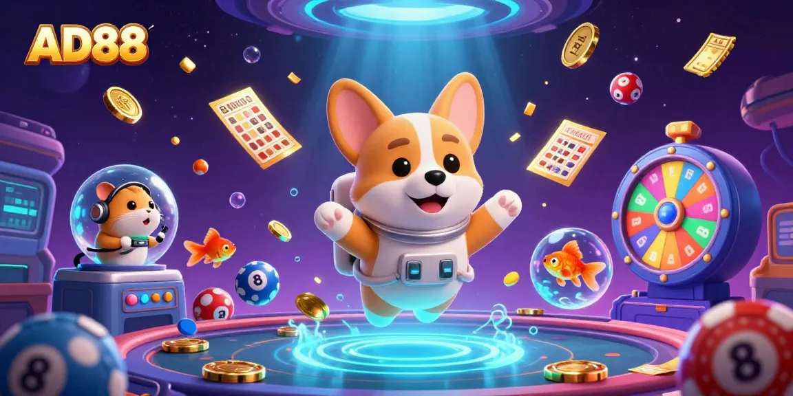 Experience excitement at AD88 Casino with floating characters and dynamic casino elements in 3D.