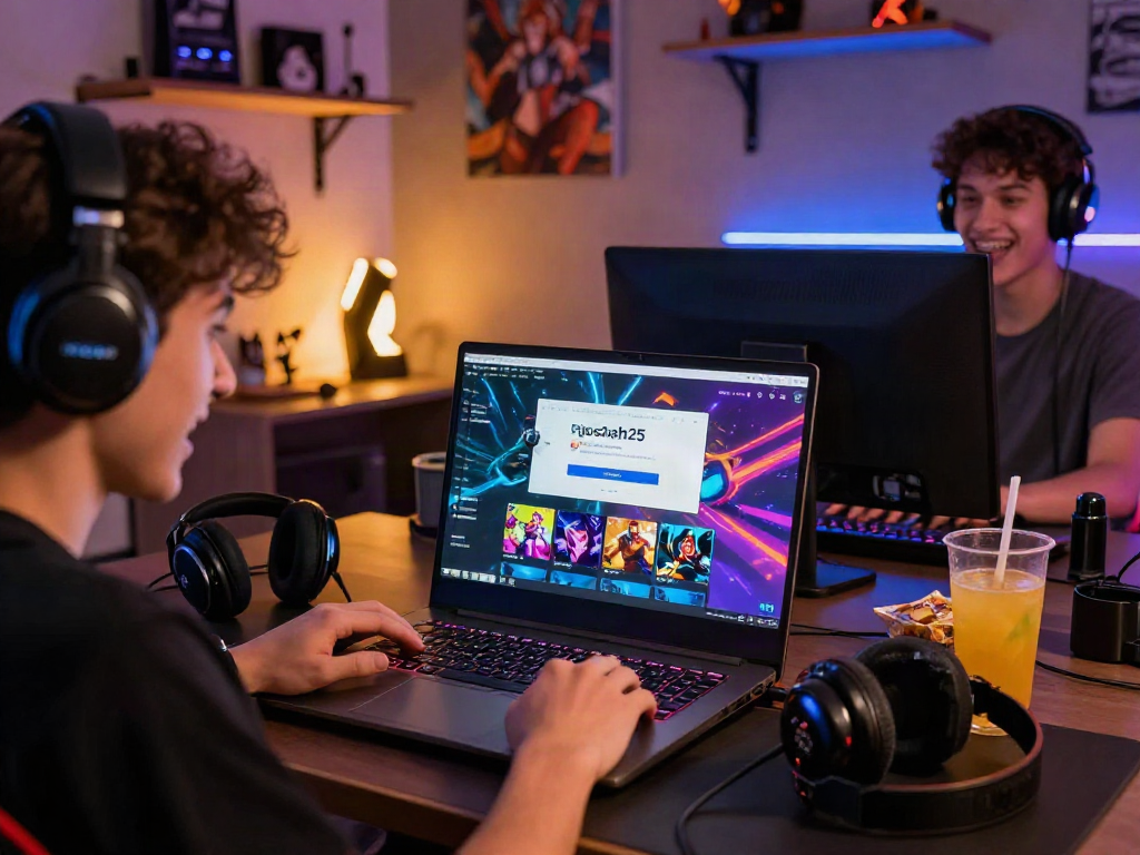 Login pecah25 dalam suasana permainan online yang energik dengan laptop dan hiasan LED