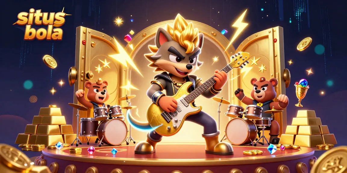 Engage with situs judi bola as a rock star wolf shreds guitar, sparks flying in exhilarating casino scene.