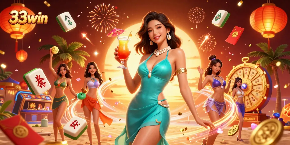 Win big with 33win at a vibrant casino resort, showcasing festive elements and excitement.