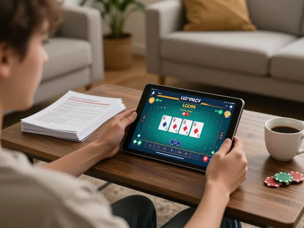 LGO99 player enjoying a poker game on tablet in cozy living room, promoting responsible gambling habits.