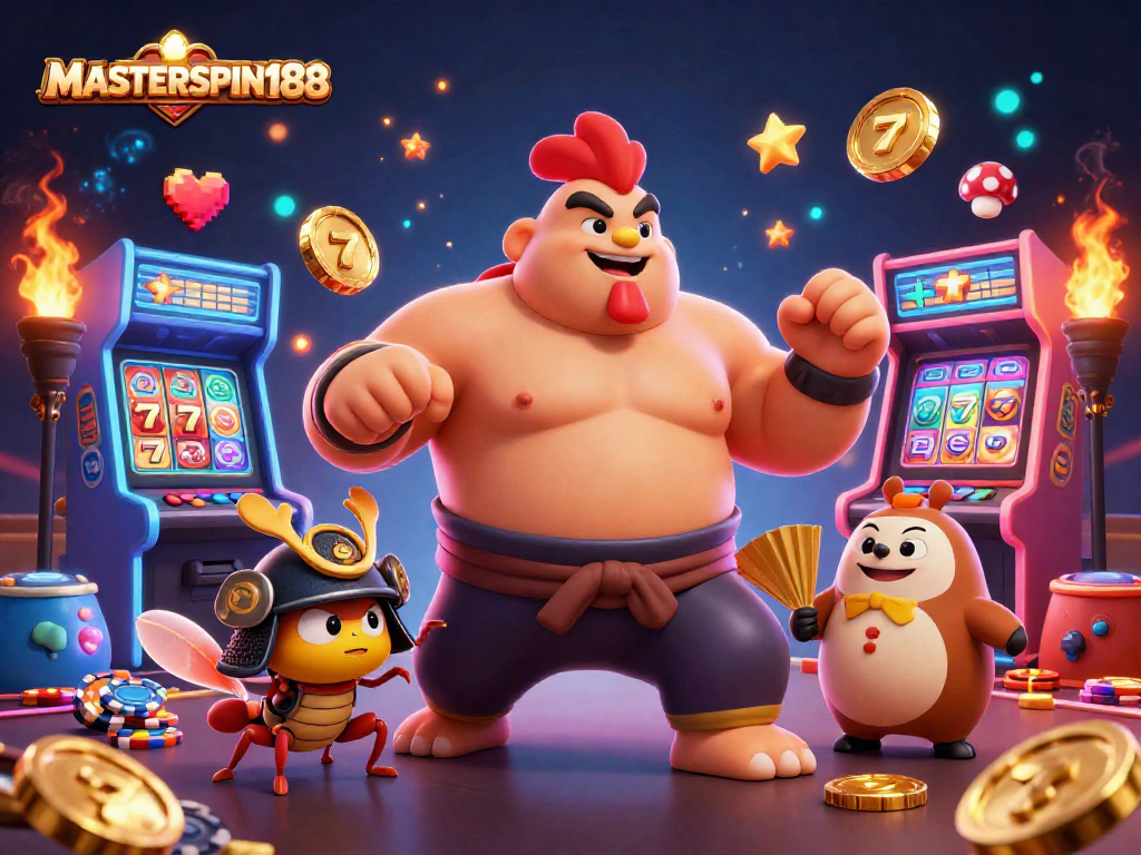 Join the action at MASTERSPIN188 with a powerful rooster and samurai cricket, enhanced by vibrant casino elements.