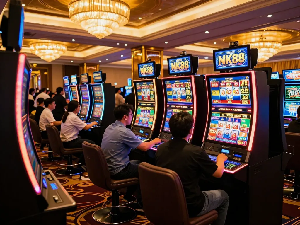 Players enjoying vibrant slot machines at NK88 casino, showcasing excitement and engagement.