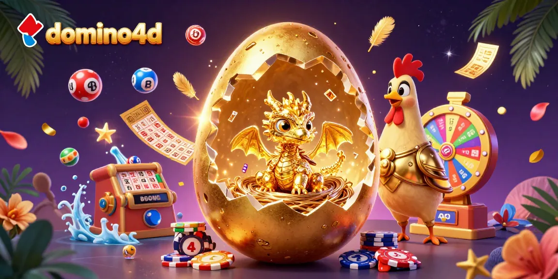 Menangkan kesempatan unik di domino4d dengan ilustrasi naga emas dari telur keberuntungan dan chip poker.