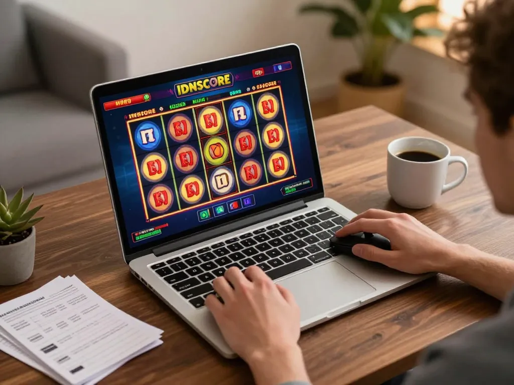 IDNSCORE showcasing exciting online slot gameplay on a laptop in a cozy home setting.