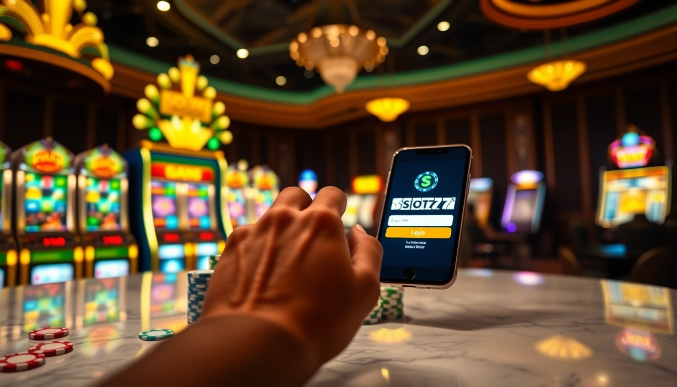 User engaging with slot777 login on a smartphone amidst exciting casino elements.