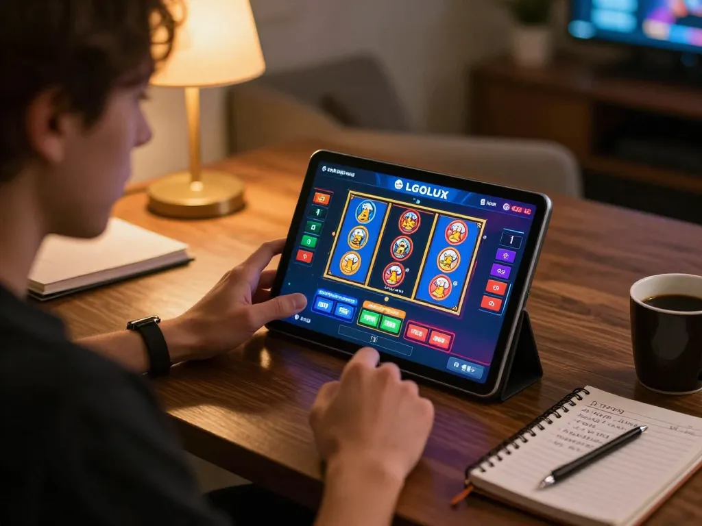 Engaging gameplay on LGOLUX platform with colorful slot machines and strategic notes for better odds.