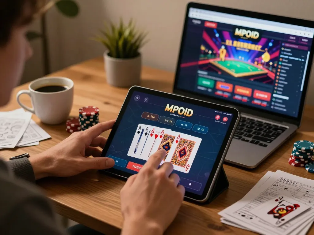 MPOID casino player engaging with online game interface while managing bankroll and strategy notes.