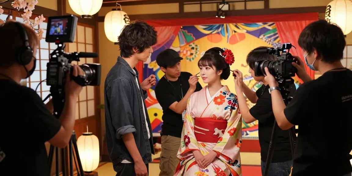 Scene di lokasi syuting film dewasa Jepang, menampilkan aktris dengan kostum cerah dan suasana kreatif, berhubungan dengan tema jav muerta.