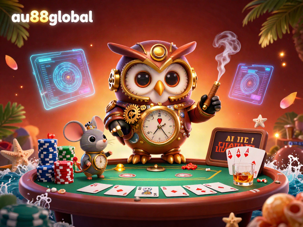 Engage with thrilling gaming action at au88global featuring a whimsical 3D steampunk owl in a vibrant casino scene.