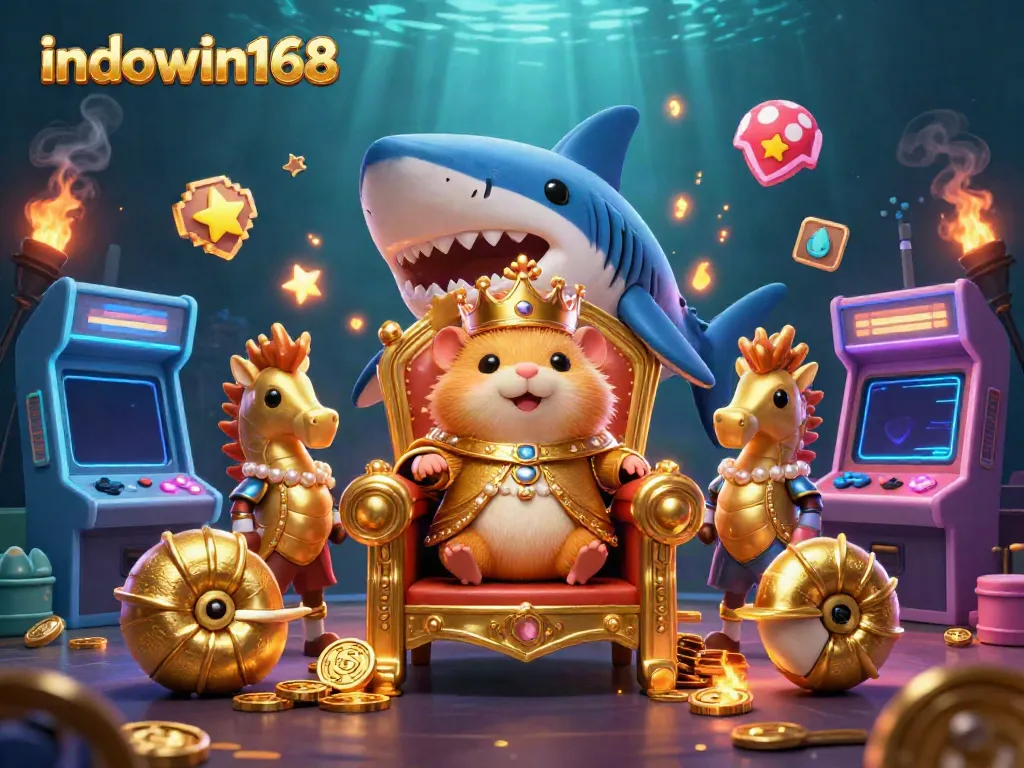 Permainan kasino seru di indowin168, dengan ilustrasi raja hamster dan seahorse penjaga.