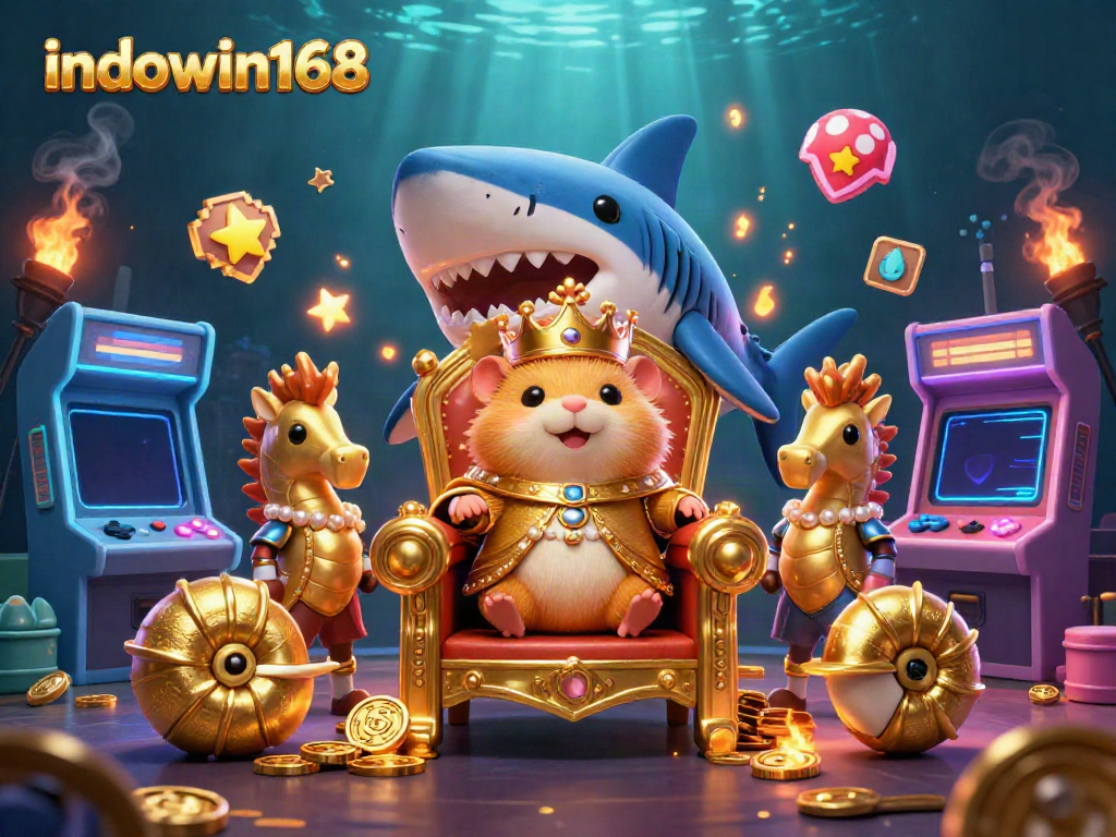 Permainan kasino seru di indowin168, dengan ilustrasi raja hamster dan seahorse penjaga.
