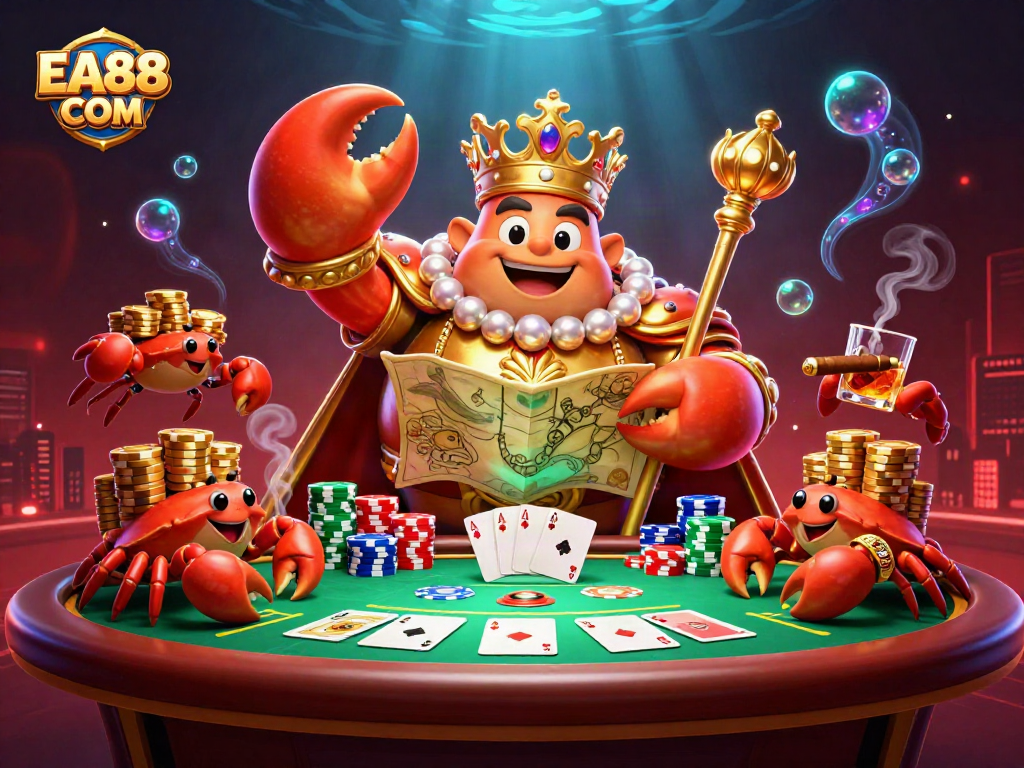 Join the action at EA88 COM with a colorful, vibrant poker-themed 3D illustration showcasing a golden crab emperor.