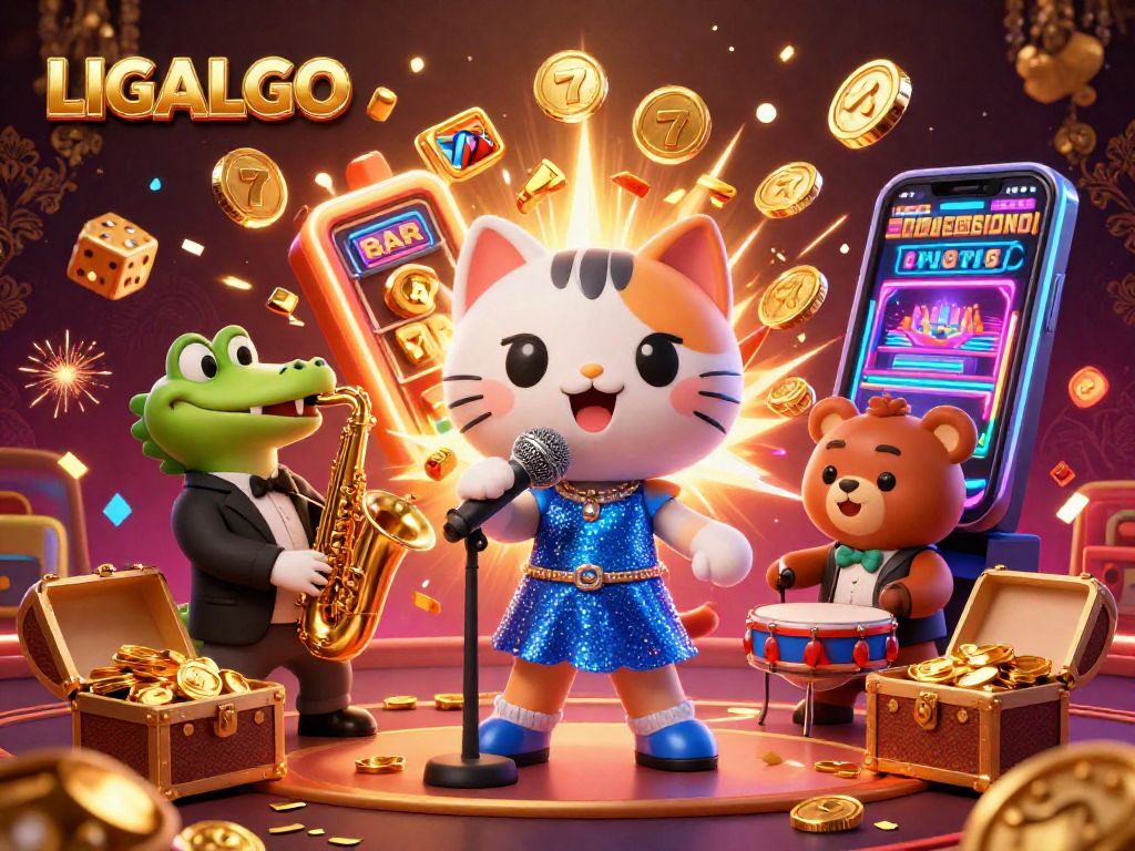 LIGALGO showcases an exciting casino scene with vibrant characters and dynamic game elements, emphasizing jackpot fun.