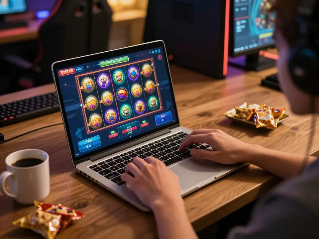 SATRIA123 player enjoying an online slot game on a laptop in a cozy, inviting gaming setup.