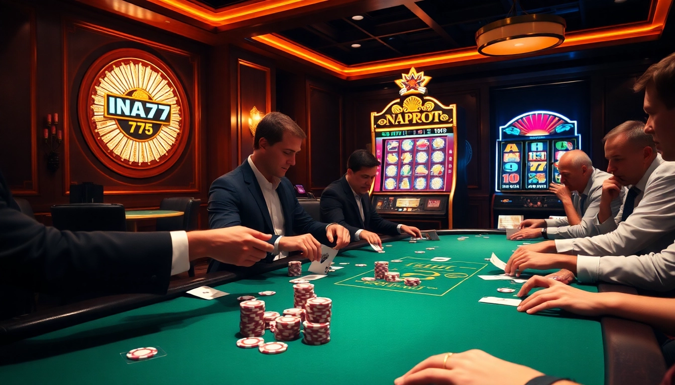 Experience thrilling poker action at NA777 with a professional dealer and vibrant casino ambiance.