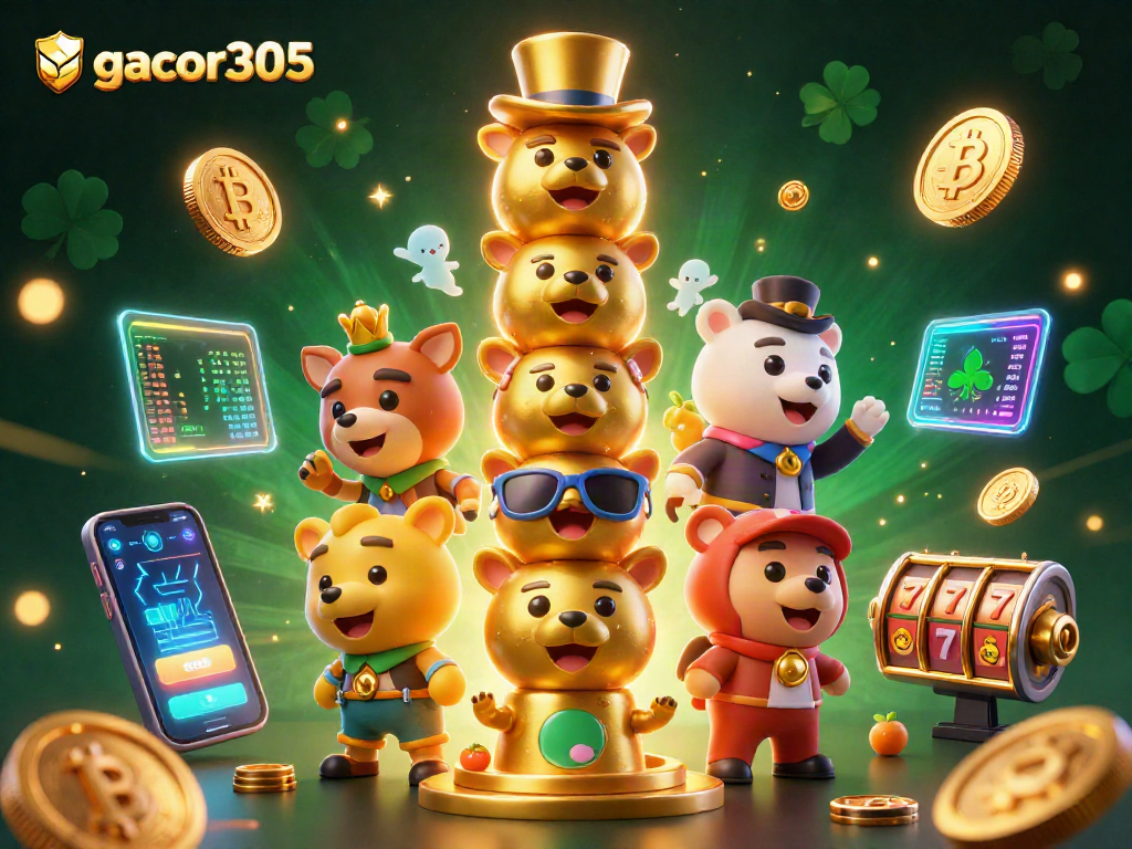 Melihat kemenangan gacor305 dengan simbol slot, koin Bitcoin, dan Ethereum berkilauan di latar belakang.