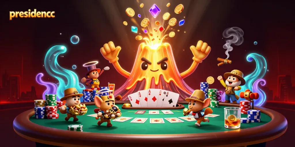 Experience the excitement at presidencc with a lively scene of treasure and poker elements.