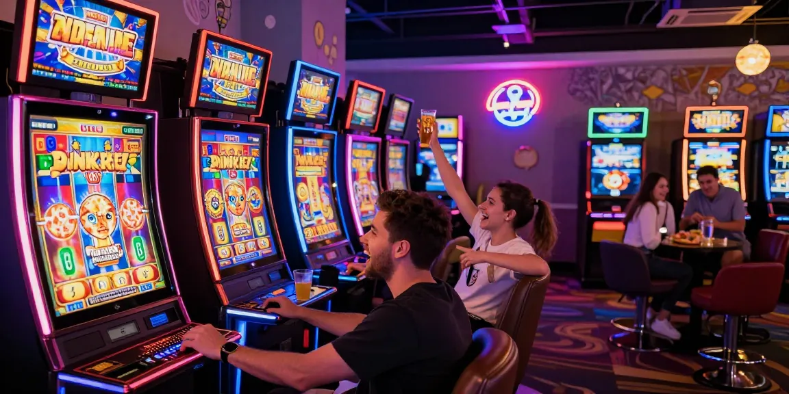 Teman sedang bermain di situs slot dengan mesin yang berwarna-warni dan suasana ceria.