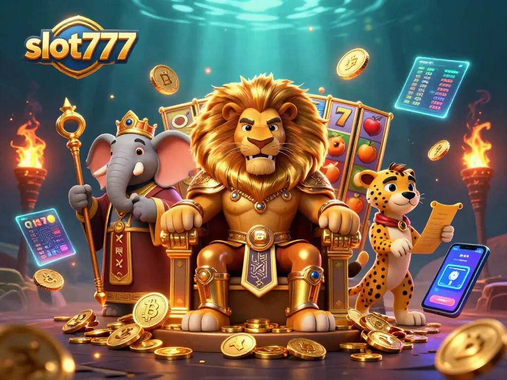 Permainan slot777 dengan singa, gajah, dan pengepos cheetah penuh warna di dalam kasino digital.