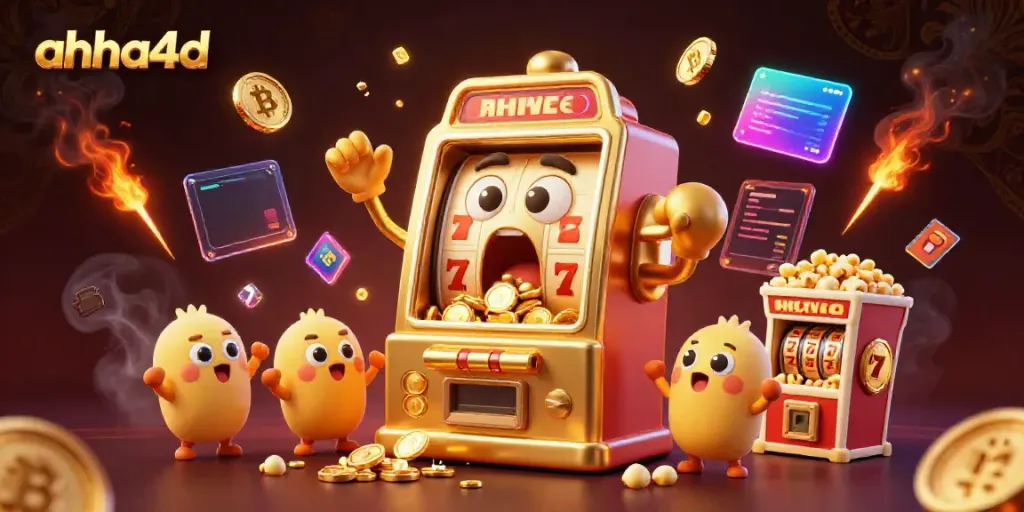 ahha4d menampilkan mesin slot emas yang mengejutkan jackpot dengan koin berjatuhan.