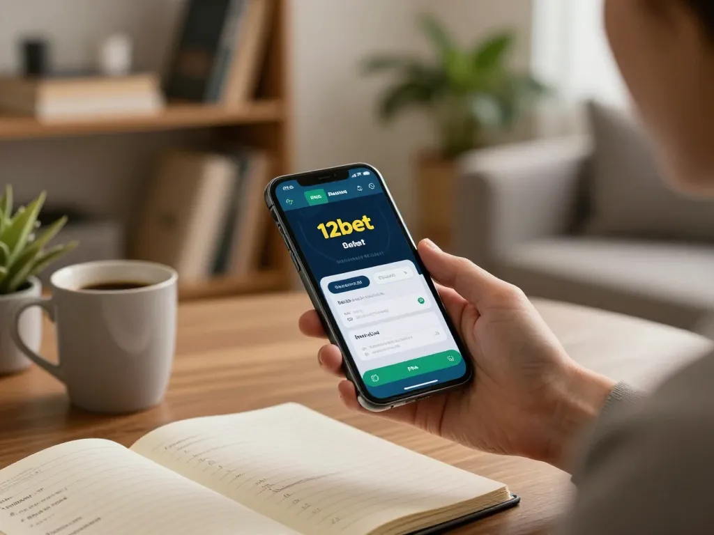 Người chơi sử dụng ứng dụng 12bet trên điện thoại thông minh tại nhà, thể hiện một thiết lập đánh bạc trực tuyến thoải mái.