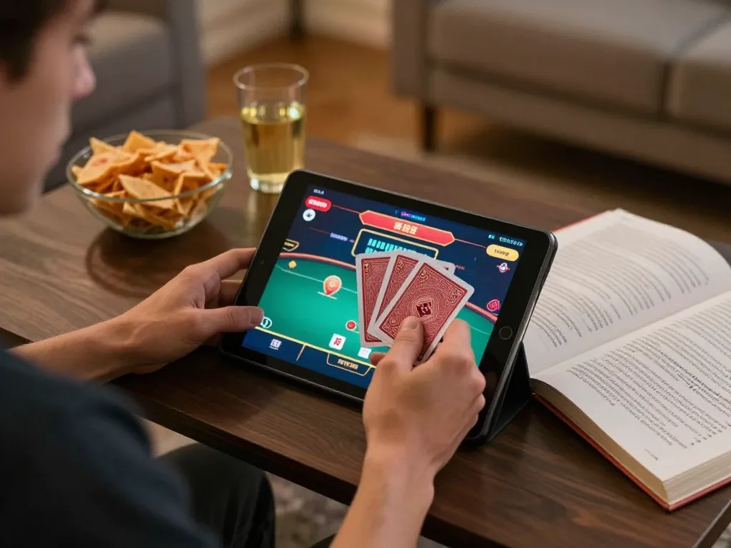 Momen menarik dari pemain HOKI368 yang terbenam dalam sesi strategi poker online di rumah, menunjukkan suasana yang nyaman.