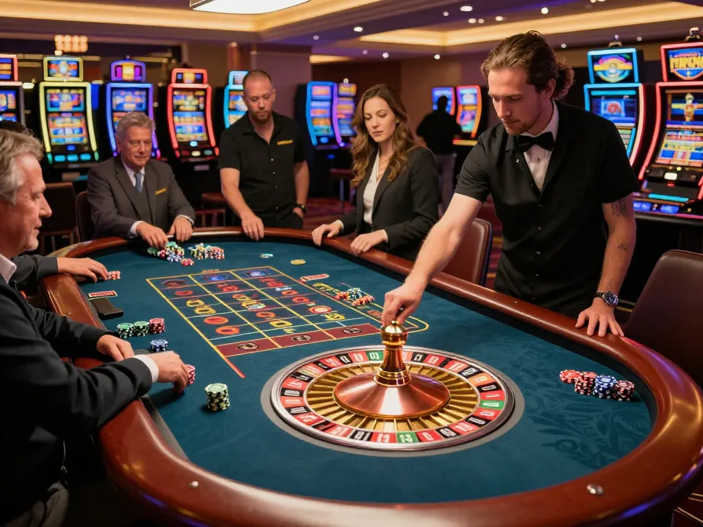 peri11 players enjoying a thrilling roulette game in a vibrant casino atmosphere