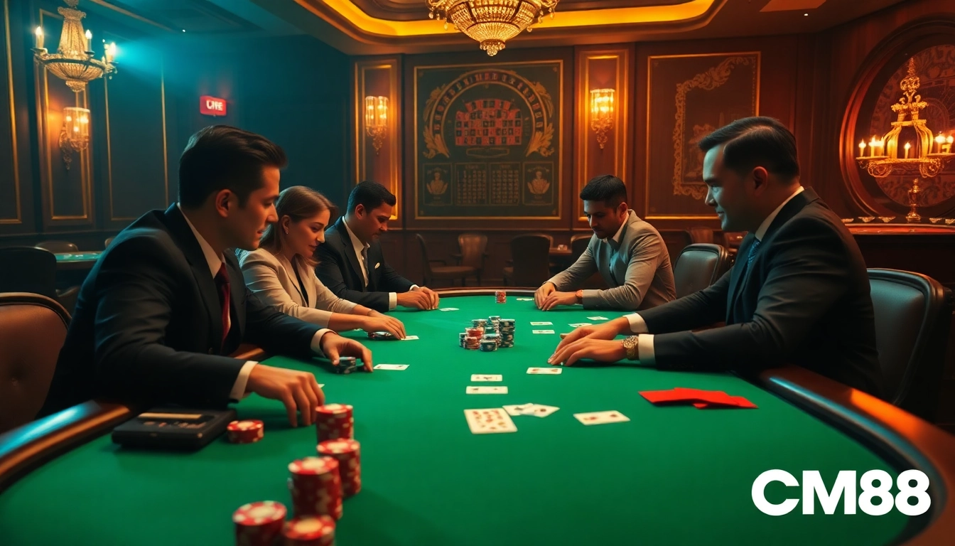 Players immersed in an exciting poker game at a luxurious casino table themed around CM88.