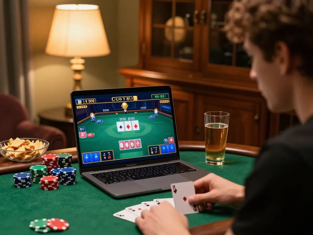 Engaged player strategizing in a cozy home environment while enjoying ph22 online poker game.