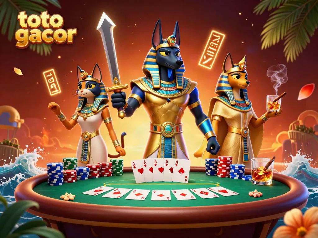 Toto gacor menghadirkan ilustrasi 3D dengan Anubis dan Bastet di meja poker yang menampilkan kemewahan dan keseruan berjudi.