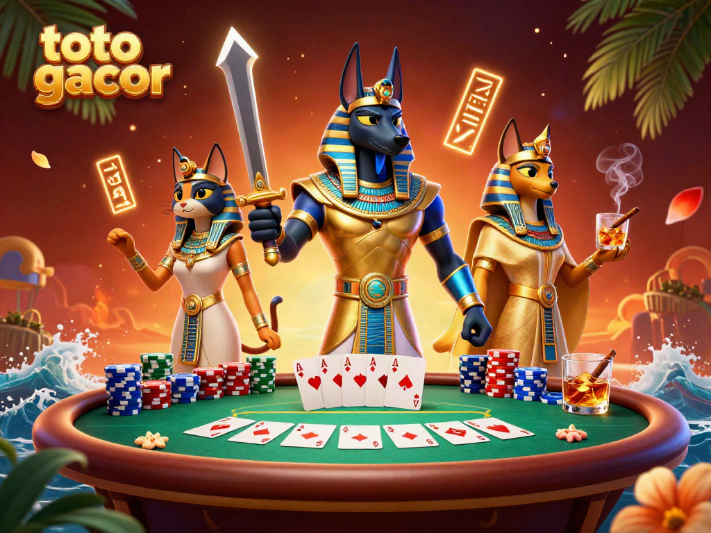 Toto gacor menghadirkan ilustrasi 3D dengan Anubis dan Bastet di meja poker yang menampilkan kemewahan dan keseruan berjudi.