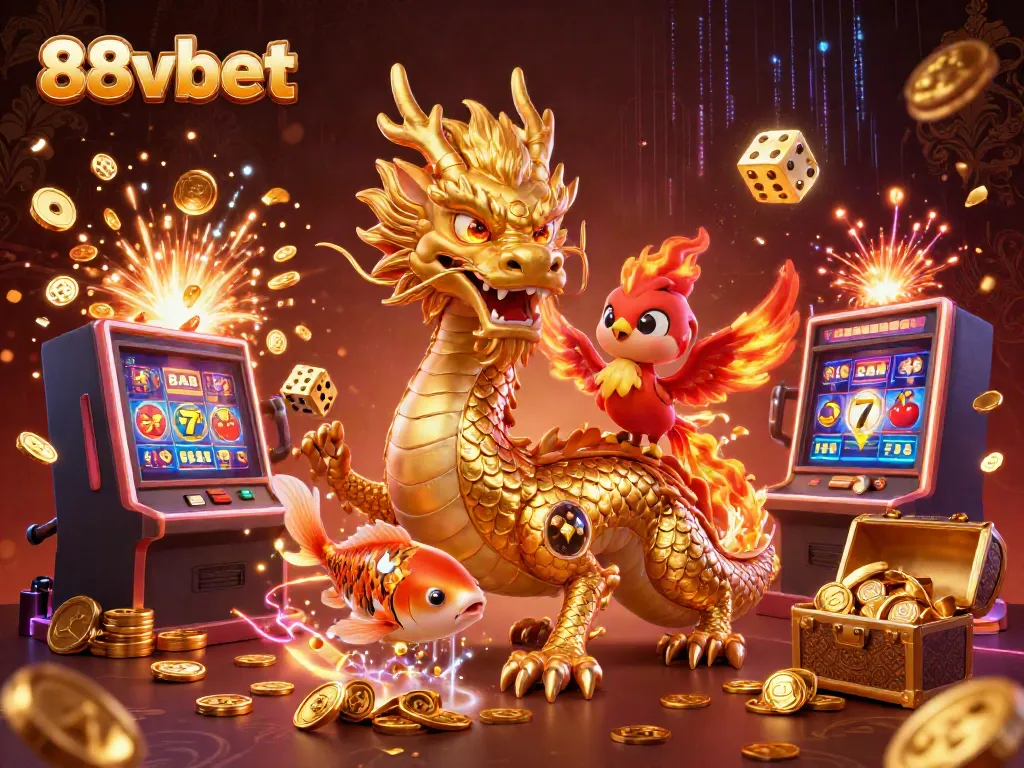 Experience thrilling wins at 88vbet with an action-packed casino scene featuring a golden dragon and vibrant game elements.