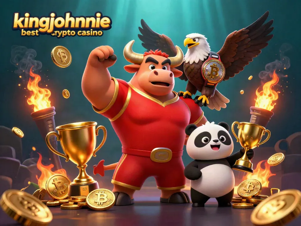 Experience the excitement at kingjohnnie best crypto casino with a vibrant 3D illustration featuring spirited characters and cryptocurrency elements.