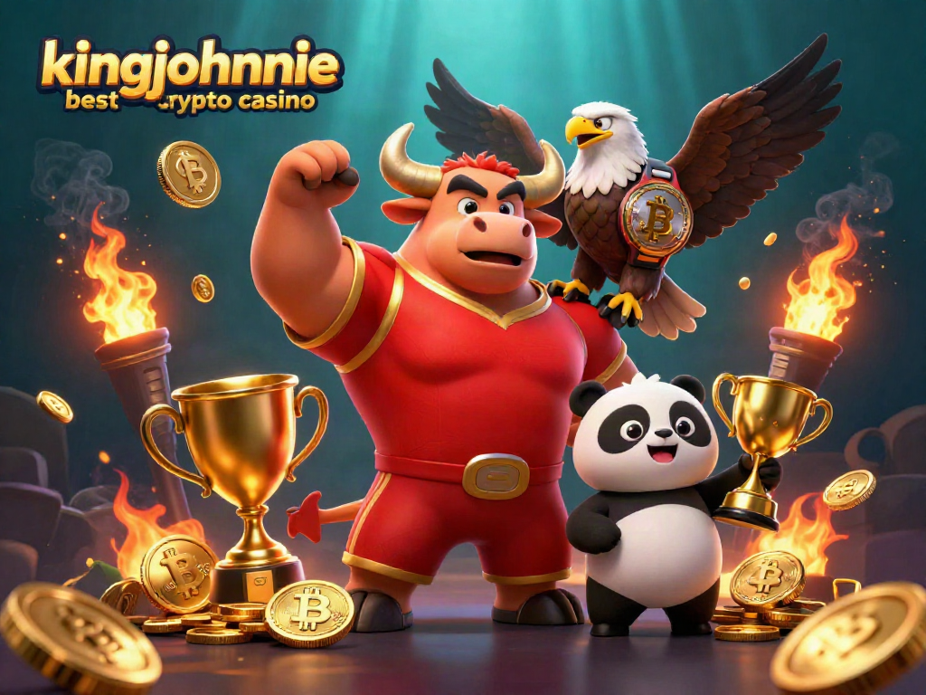 Experience the excitement at kingjohnnie best crypto casino with a vibrant 3D illustration featuring spirited characters and cryptocurrency elements.