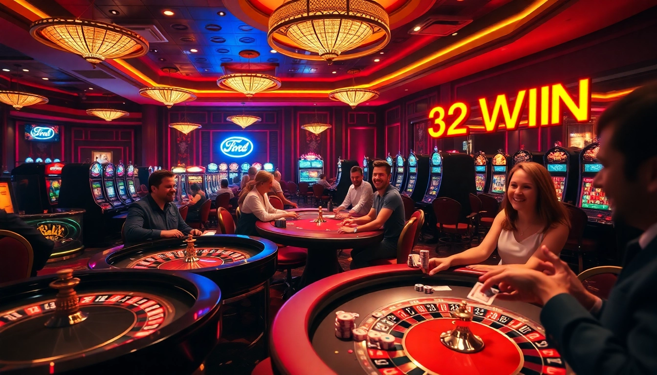 Experience the thrill of winning big at the casino with 32 win illuminated amidst vibrant gaming tables.