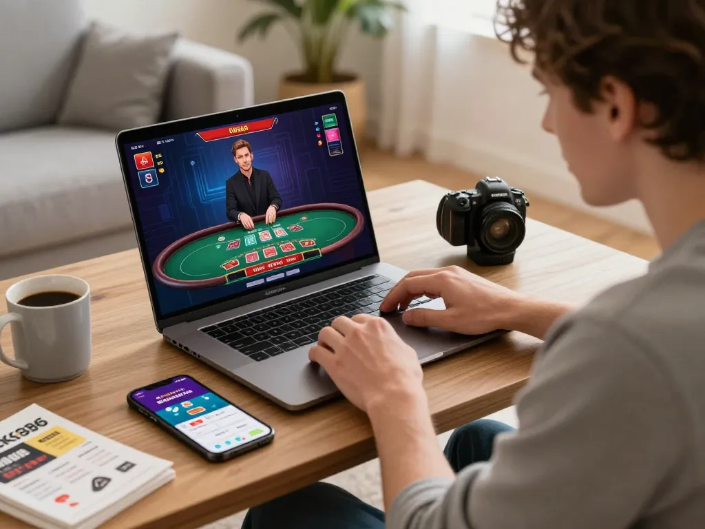 Player enjoying online blackjack at OK8386 in a cozy home setting, smartphone displaying bonus alerts.