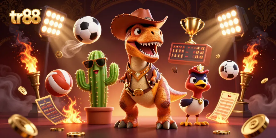tr88 players experience thrilling action with a cowboy T-Rex and lively gambling elements.