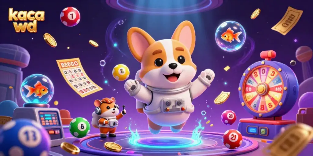 Permainan lotere kaca wd dengan corgi astronaut dan karakter lucu di kasino luar angkasa.
