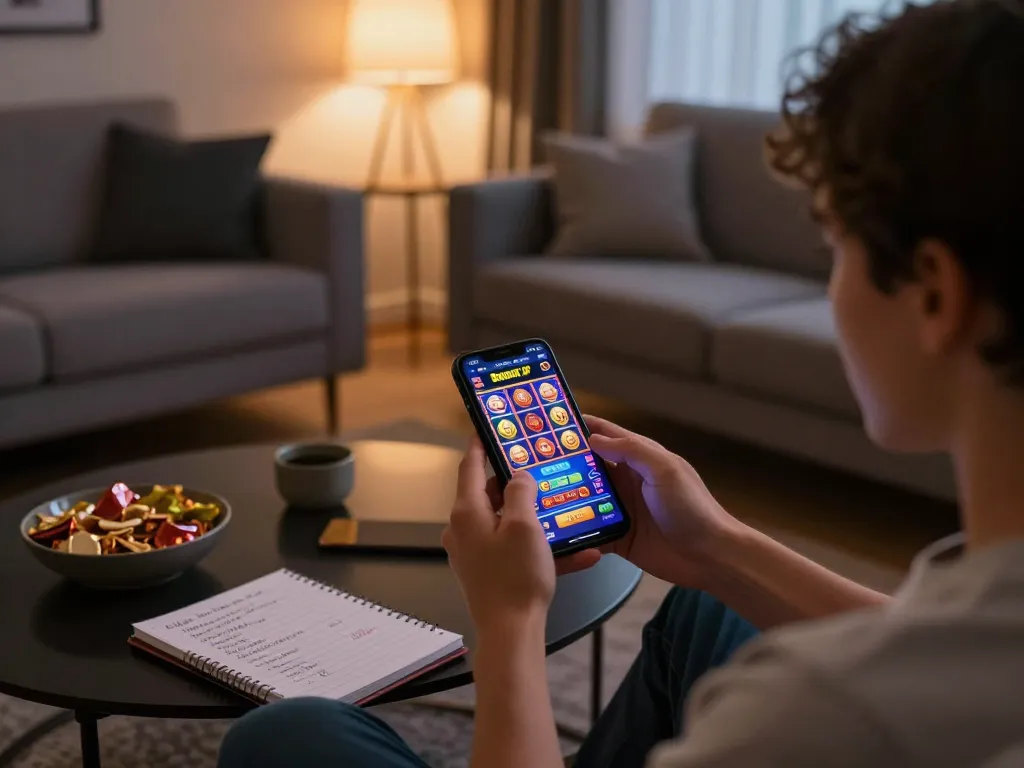 Engaging scene of a player enjoying Booster JP slots on a smartphone at home, showcasing excitement and strategic betting.