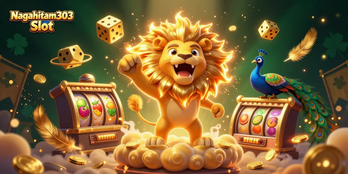 Nagahitam303 Slot showcases a vibrant 3D casino scene with roaring lion and dynamic slot elements.