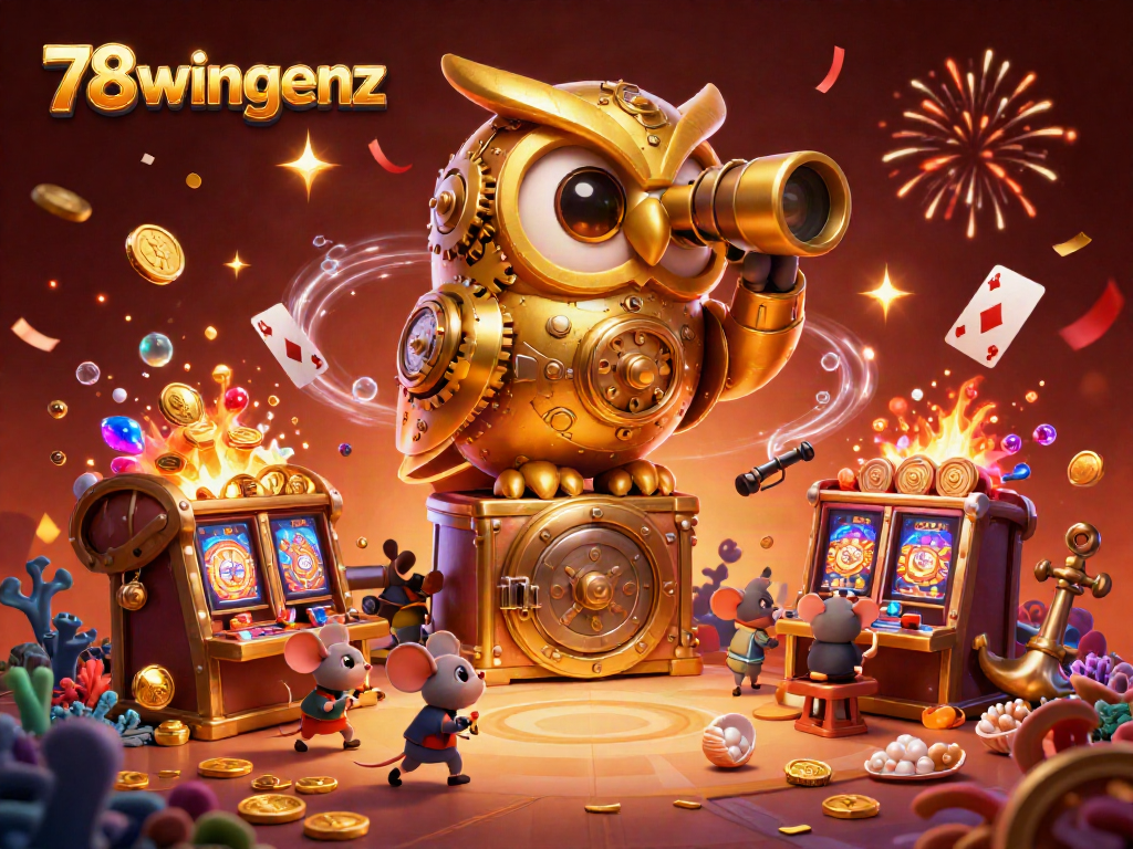 Experience the excitement of 78wingenz with a vibrant casino-themed 3D illustration featuring a golden owl and classic games.