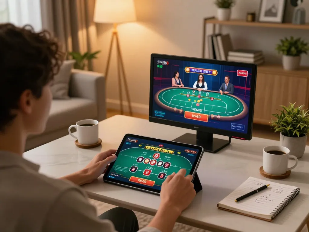 Player engaging with LGOGOAL online poker game on tablet in a cozy living room