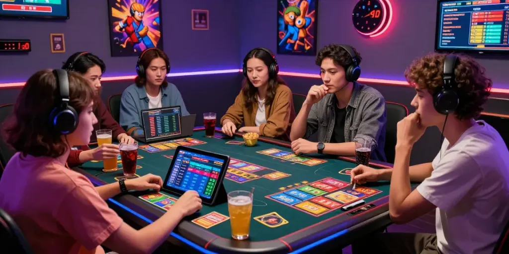 Engaging group playing Bandar Togel 4D in vibrant gaming atmosphere with cards and digital screens.