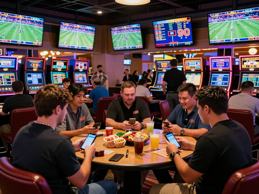 VA88 sports betting excitement with bettors cheering in a lively Las Vegas sportsbook.