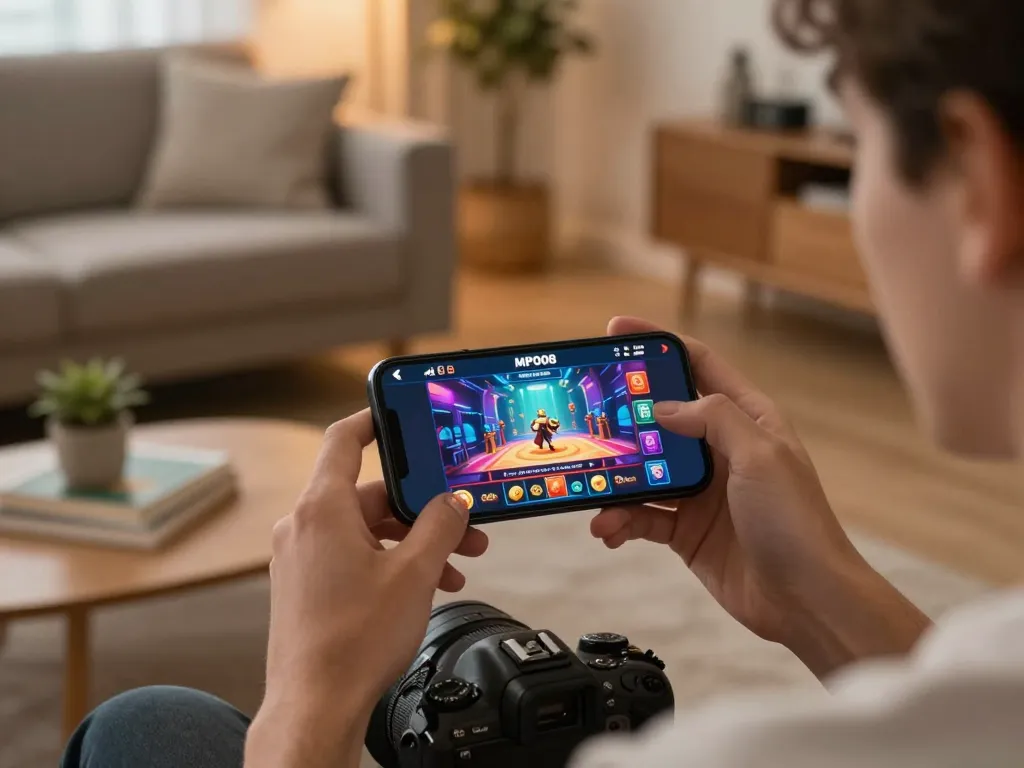 MPO08 user engaging with mobile casino app on smartphone in cozy home setting, promoting responsible gaming